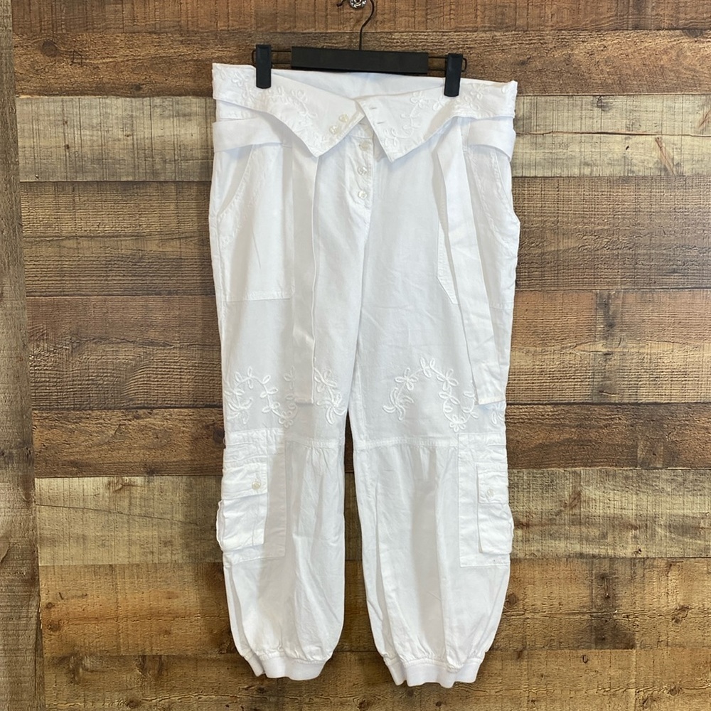 G Designs Natural Fashions Capri Cargo Pants‎ Womens Size Small Off White Cotton